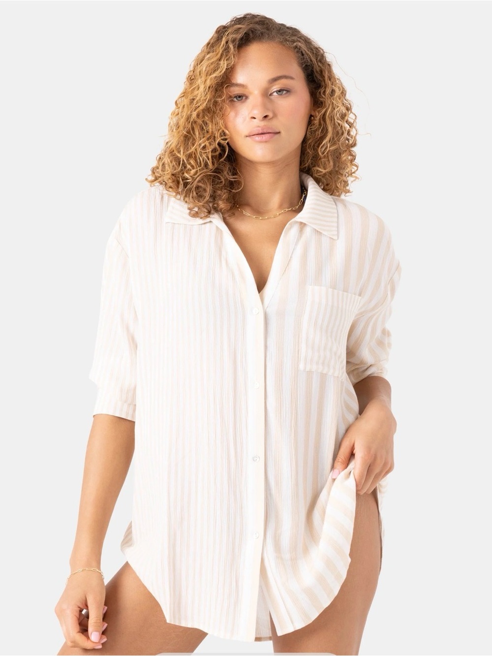 Roxy Striped Sheer Button-Up in Beige and White